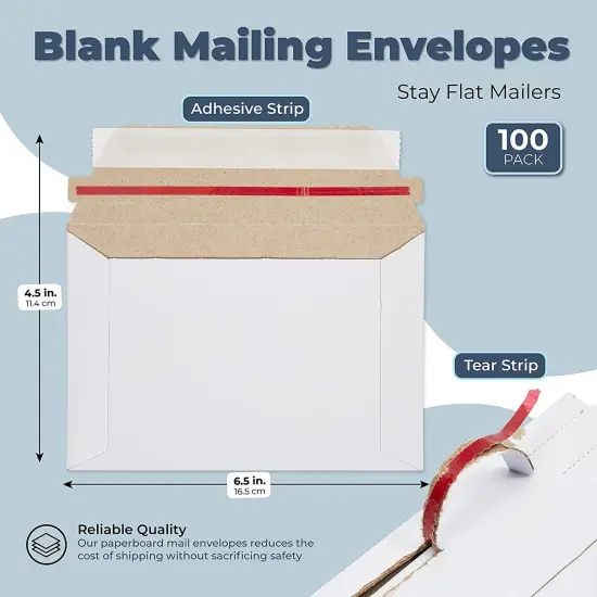 100 Pack 6.5 x 4.5 Inch Rigid Mailers with Self Sealing Flap, Bulk Stay Flat Cardboard Envelopes for Shipping Postcards, Photos (White) {5}