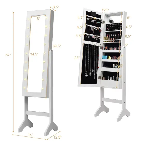 Costway Mirrored Jewelry Cabinet Organizer w/18 LED lights White {3}