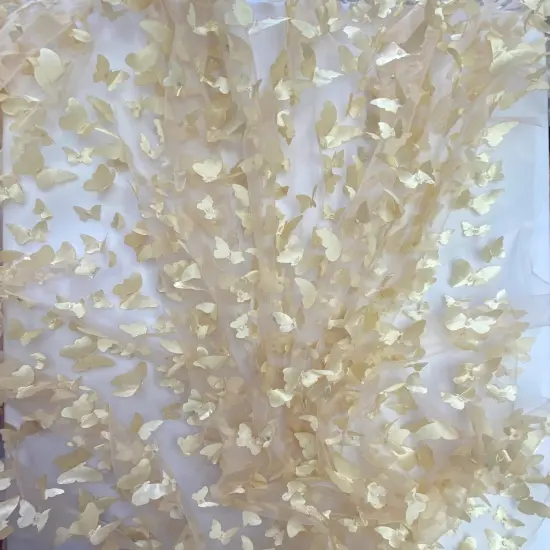 1 Yard Champagne 3D Butterfly Mesh Fabric with Satin Appliqu&eacute; on Stretch Sheer Base 54 Inch Wide {4}