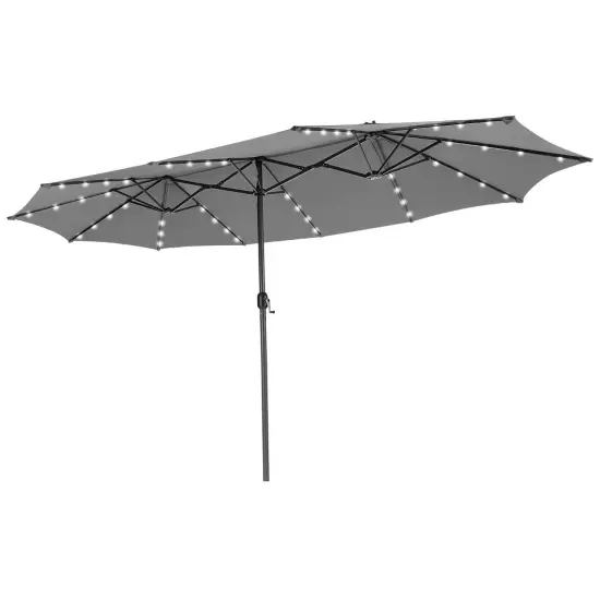 Costway 15 FT Twin Patio Double-Sided Umbrella 48 Solar LED Lights Crank Outdoor Gray {2}