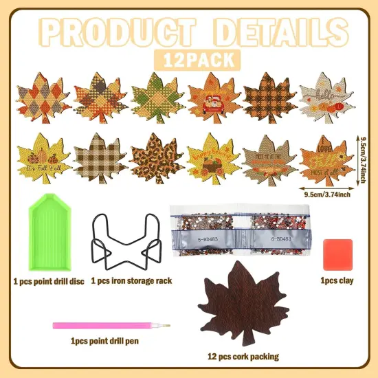 12 Pcs Fall Diamond Art Coasters Maple Leaf {2}