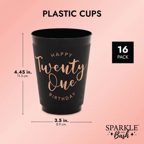 Black and Gold 21st Birthday Party Cups, Reusable Plastic Tumblers (16 oz, 16 Pack) {3}