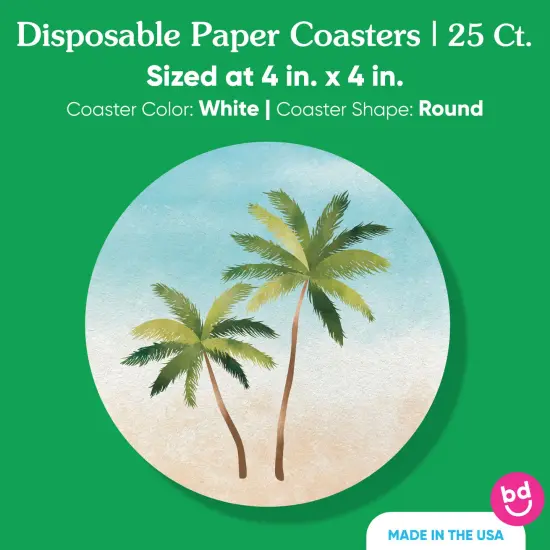 Big Dot of Happiness 25 Ct Palm Tree Beach Drink Coasters, 4-Inch Disposable Round Paper Coasters for Tropical Weddings or Engagement Party {5}