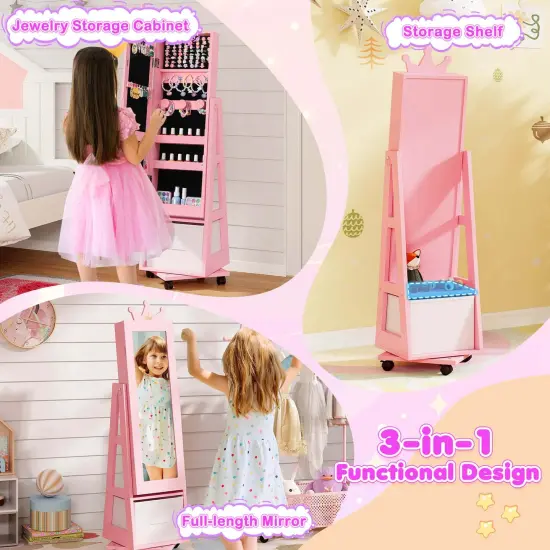 Costway Kids Jewelry Cabinet with Full-Length Mirror Foldable Drawer Anti-toppling System White/Pink {6}
