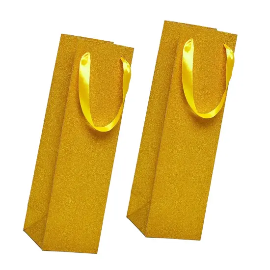 Elegant Glitter Grain Wine Totes Perfect Size 4 1/8'' x 4 1/8'' x 14 1/4'' Gold {6}