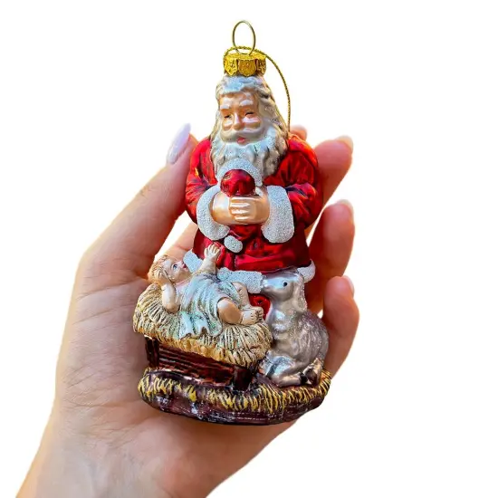 Innocent Santa and Baby Jesus Handblown Glass Christmas Ornament, Nativity Christian Holiday Decor {4}