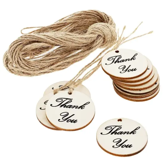 100-Pack Thank You Wood Tags with Twine for Wedding and Baby Shower themed Party Favors, 1.5 Inches Brown {1}