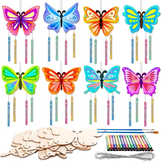 8Pcs Spring Butterfly Wind Chime Kit, Wooden Wind Chime Kits for Kids, Butterfly Party Favors for DIY Craft for Birthday and Summer {1}