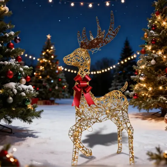 Champagne Woven Standing Reindeer with 105 LED Lights 48" Tall Indoor/Outdoor Christmas Decoration {3}