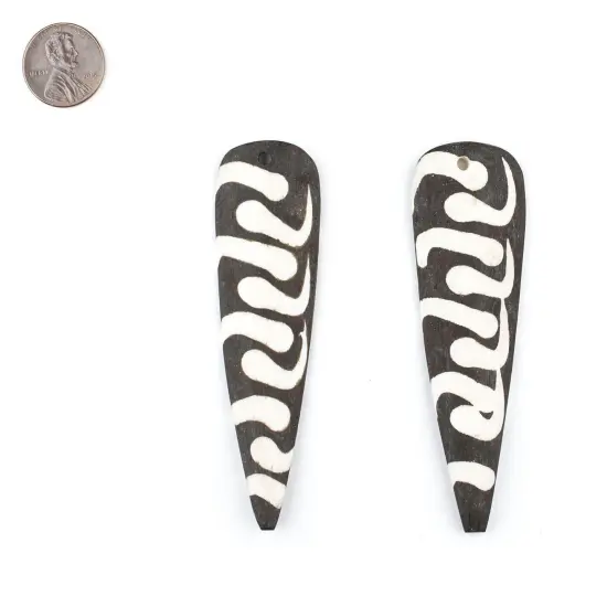 The Bead Chest Batik Bone Swirl Feather Pendant 110mmSet of 2 Kenya African Black and White Large Hole Handmade {2}