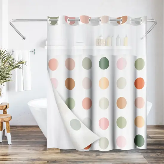 Americanflat 72x75 Hookless Shower Curtain - Polka Dot Green Orange Pink Shower Curtain with Sheer Panel, Snap-In Liner, and Grommets {1}