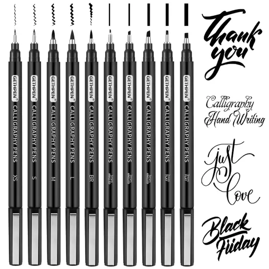 GETHPEN 10-Size Calligraphy Pen &ndash; Brush Pens Calligraphy Set Hand Lettering Pen for Beginners Art Drawing & Greeting Cards &ndash; Calligraphy Pens Black Archival Ink Pens Kit for Sketching, Scrapbooking {1}