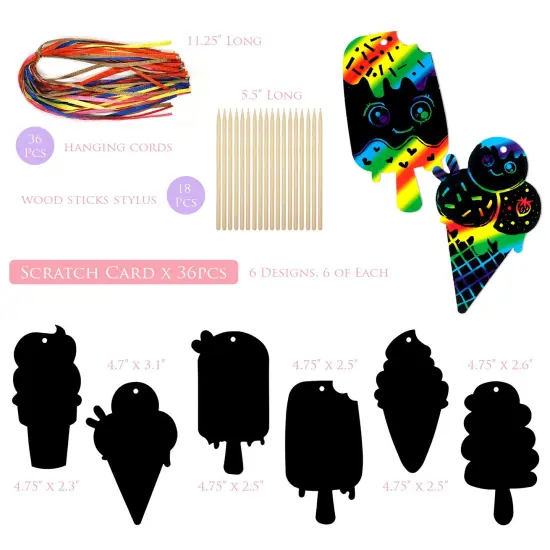 Wrapables 36pc Rainbow Scratch Arts Ornaments, DIY Magic Scratch Arts and Crafts, Ice Cream {2}