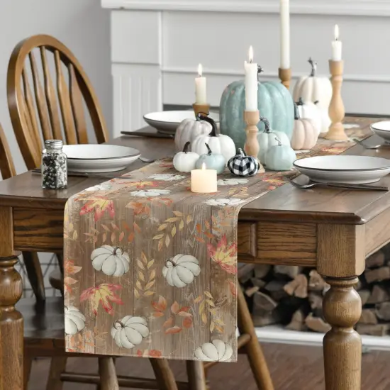 Pumpkins Maple Leaves Brown Wood Fall Table Runner {3}