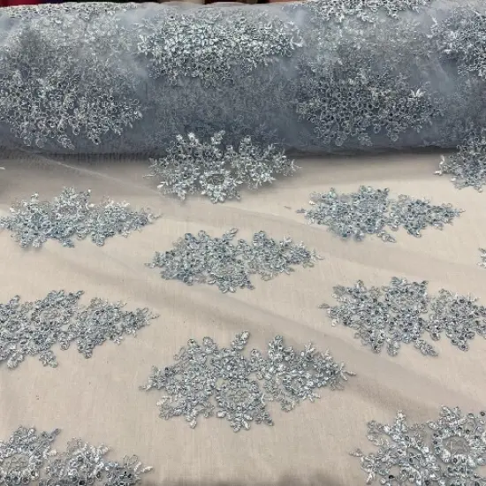 1 Yard Baby Blue Sequin Lace Fabric, 51&Prime; Wide Embroidered Floral Mesh with Scalloped Edge {1}