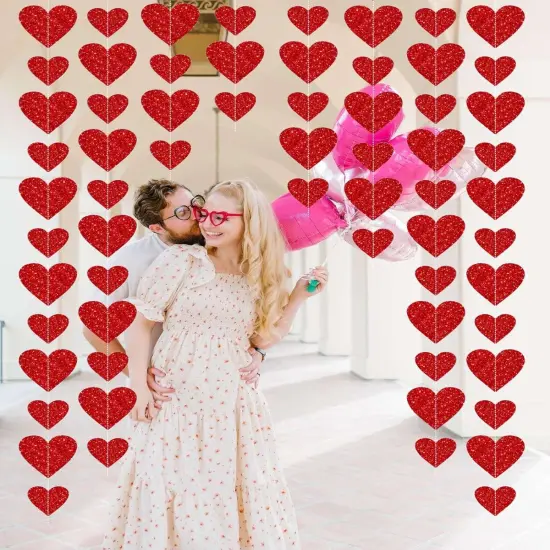 8 Pack Red Glitter Heart Garland Banners Heart Decorations Anniversary {4}