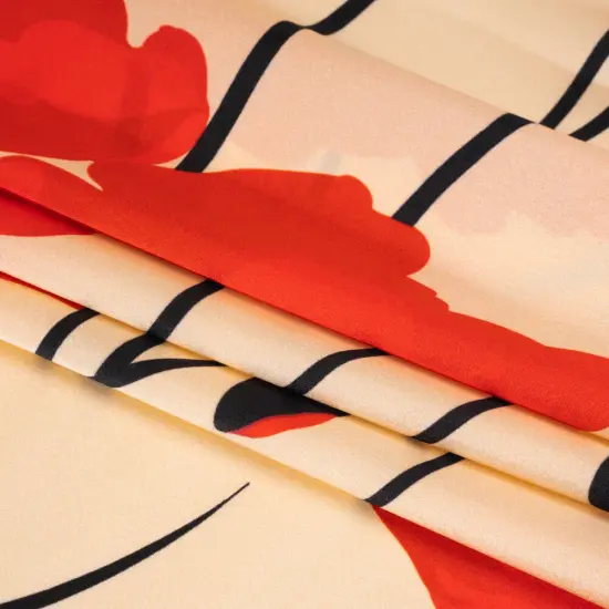 1 Yard Beige, Red and Black Poppy Stems Border Printed Silk Charmeuse Fabric 53 inch Width {3}