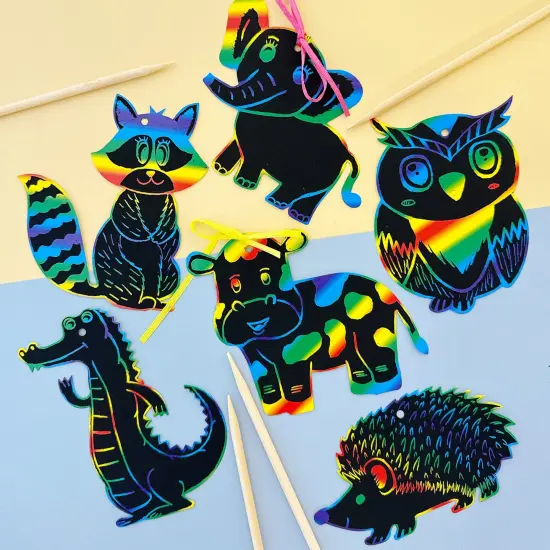 Wrapables 36pc Rainbow Scratch Arts Ornaments, DIY Magic Scratch Arts and Crafts, Animals {4}