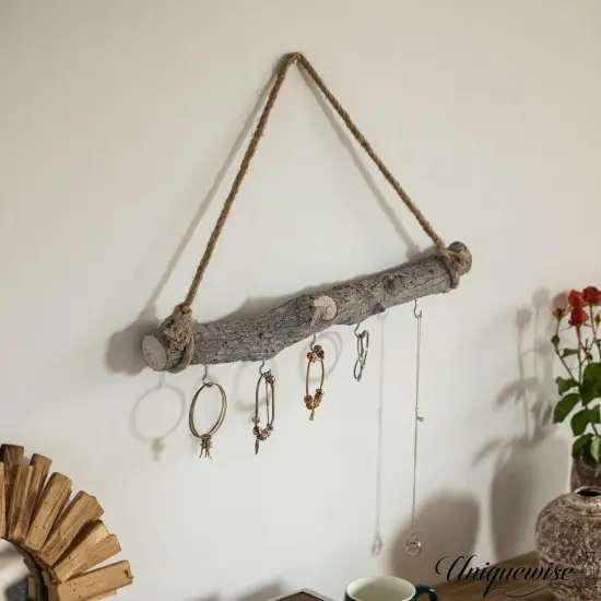 Uniquewise 19-inch Natural Decorative Jujube Wooden Log Hanging Farmhouse Wall Decor with 5 Hooks for Keys Hats and Wall Accessories - Perfect for Entryway Living Room Kitchen Hallways and Dining Area {4}
