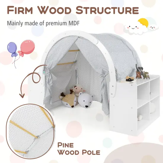 Wooden Kids Play Tent with Curtain Shades and 8 Cubbies-White {6}