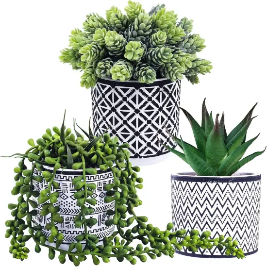 3-Piece Artificial Succulent Set &ndash; Modern Greenery in Black Geometric Pots {2}