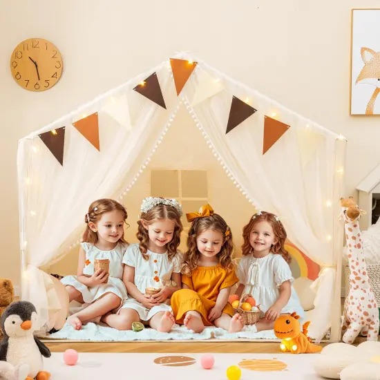 Fabric Large Toddler Playhouse Tent with Door, Curtains, and Windows Beige {2}