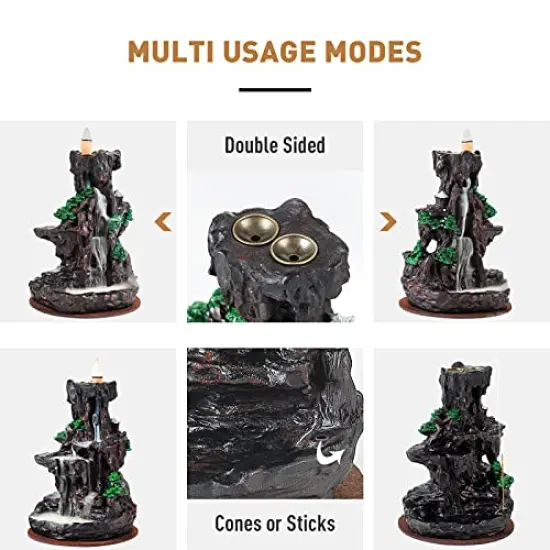 Dual Sided Incense Burner, Resin River Tower Backflow Incense Holder, Cool Aromatherapy Incense Fountain Smoke Mountain Waterfall with 120 Upgraded Incense Cones+30 Incense Sticks {5}