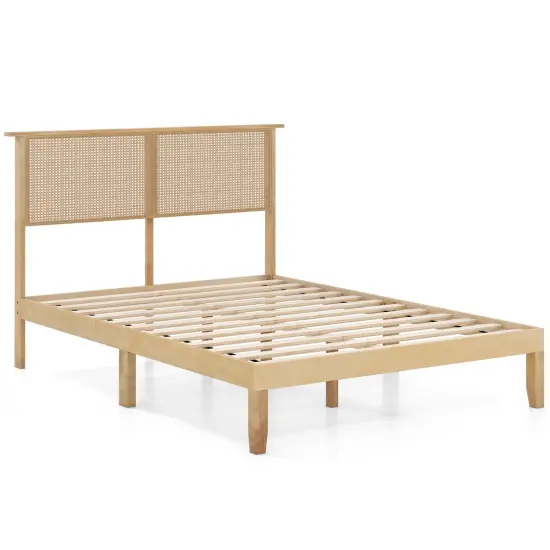Natural Platform Bed Frame with Rattan Headboard and 12 Wooden Slats {1}