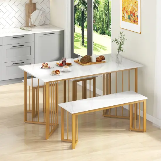 4 Piece Dining Table Set with Bench and 2 Stools-White {2}