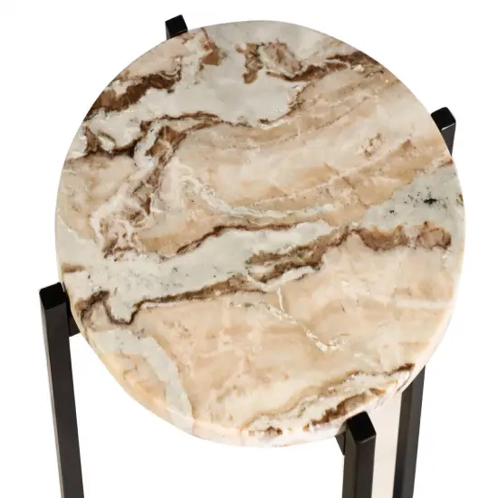 Brown Marble Side Table With Grey Metal Frame-21 Inch Height {3}