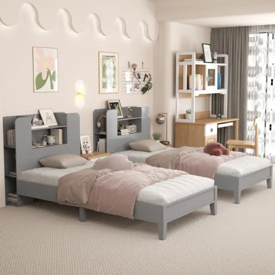 Wooden Twin Bed Frame with Bookcase Headboard Storage Shelves and Under-bed Space Grey {2}