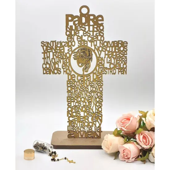 12pcs Jesus Cross Wood Stand Laser Cutout Baptism Centerpiece Gold {2}