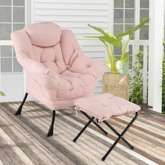 Fabric Modern Accent Chair with Folding Footrest and Removable Head Pillow for Living Room Pink {2}