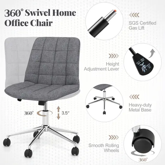 Adjustable Height Upholstered Armless Desk Chair with 5 Smooth Rolling Wheels and Metal Base {5}