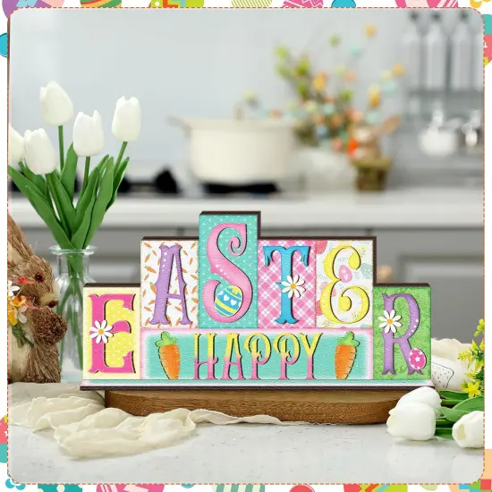 Easter Decorations Pastel Spring Table Decor Reversible Happy Easter Wooden Sign Farmhouse Hello Spring Tabletop Centerpiece for Home Tiered Tray Shelf Office Desk Mantel Rustic Decor {2}