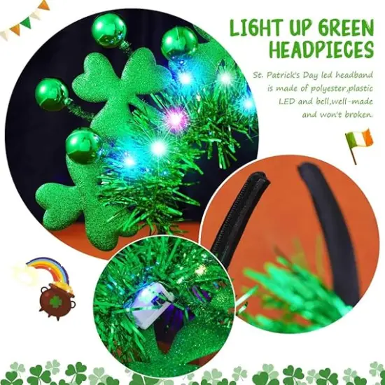 Light Up St Patricks Day Headband LED Shamrock Headpiece Green Ball Hair Band Parade Costume Headwear Irish Day Hair Accessories for Women and Girls {3}