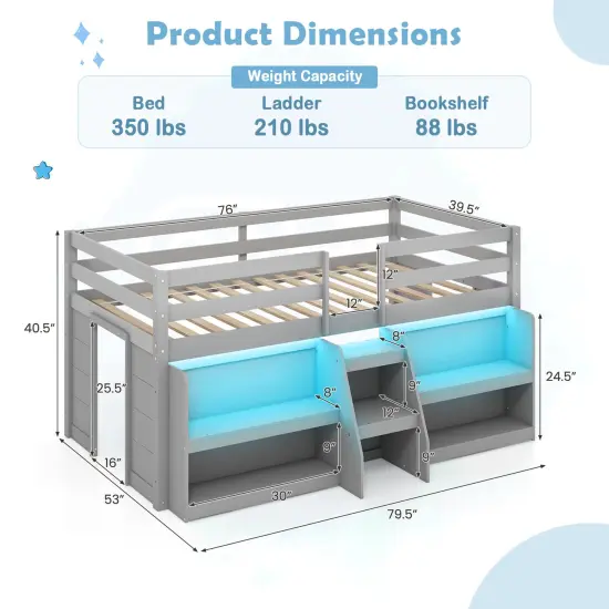 Twin Size LED Lighted Loft Bed with Staircase and Safety Guardrail Perfect for Kids Grey {4}
