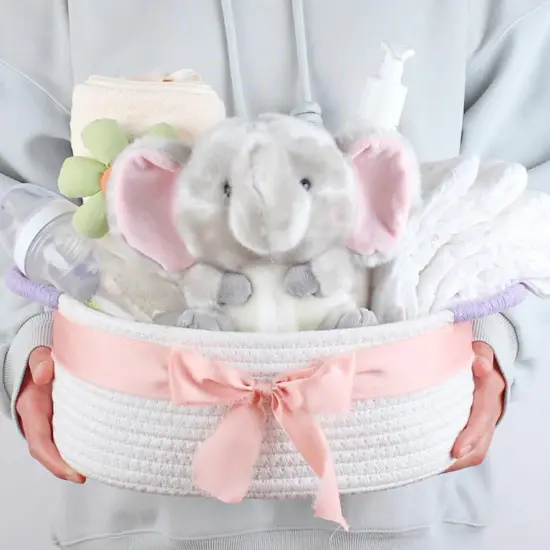 Empty Gift Baskets, Cute Woven Baskets for Storage, Small White Cotton Rope Baskets with Purple Handles for Women, Baby, Kid&rsquo;s, Pets Storage(Oval, 12"x 8"x 5") {4}