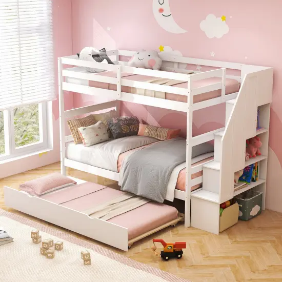 Twin Bunk Bed with Guard Rail and 4-Step Storage Stairs No Box Spring Needed White {2}
