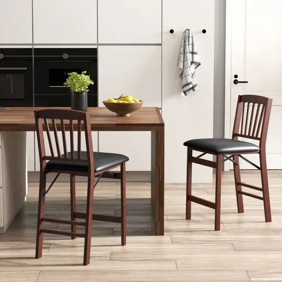 Set of 2 Counter Height Chairs Folding Kitchen Island Stool with Padded Seat-Brown {3}