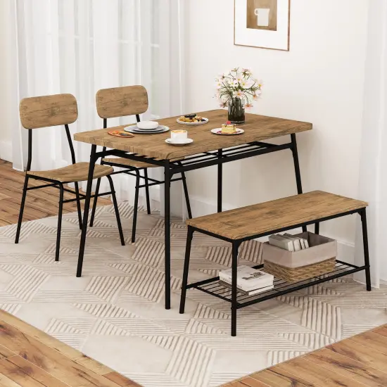 4 Piece Dining Table Set for 4 Metal Frame with Bench and 2 Chairs-Brown {2}