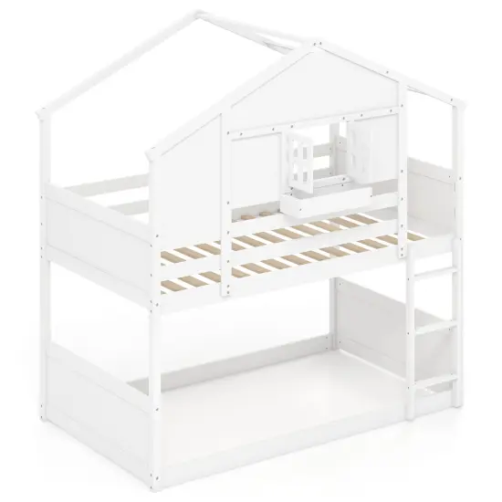 Twin Over Twin Bunk Bed for Kids with Roof and Lockable Window-White {1}