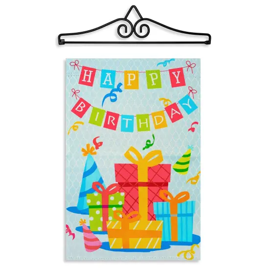 G128 Combo Pack Garden Flag Hanger 14IN & Garden Flag Happy Birthday Presents Printed 12x18IN Double Sided {1}