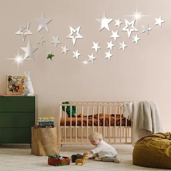 26pcs Stars Acrylic Mirror Wall Stickers 4Sizes Stars Stickers with Adhesive Art Decal 3D Wall Decorations for Baby Kids Bedroom Home DIY Decor (Silver Stars) {6}