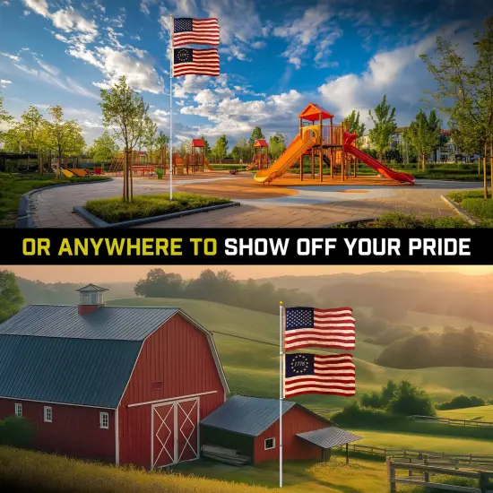 G128 Combo Pack: 20 Ft Telescoping Aluminum Flagpole (Silver) & American and Betsy Ross 1776 Tea Stained Flags 3x5 Ft, Both ToughWeave Series Embroidered Polyester | Pole with Flags Included {6}