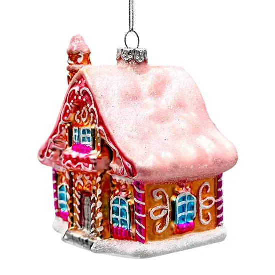 Frosted Pink Cottage Glass Christmas Ornament, Sugar Sweet Gingerbread Home Holiday Tree Decoration {5}
