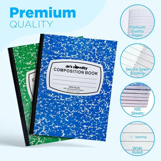 4E's Novelty Wide Ruled Composition Notebooks - Pack of 6- Hard Cover 100 Sheets 9.75" x 7.5" - Red Blue Green Cute Marble Colors, Bulk Compositon Book Wide Ruling, Back to School Supplies {5}