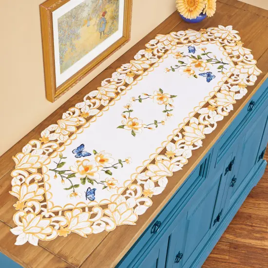 Collections Etc Embroidered Magnolia and Butterflies Dresser Scarf {1}