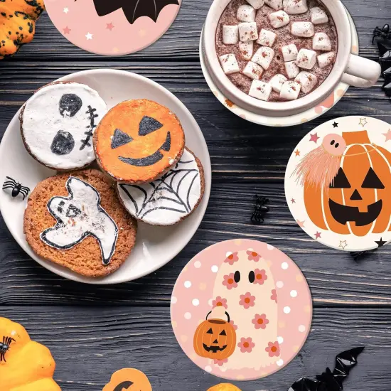 4Pcs Halloween Coasters Pink Ghost Bat Pumpkin Ceramic Coasters {5}