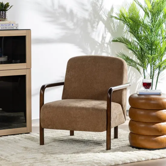 Mid-Century Modern Brown Fabric Thick Armchair with Walnut Rubberwood Frame {8}